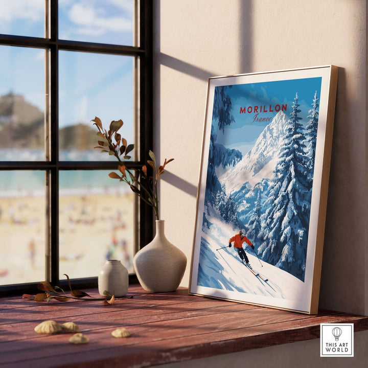 Morillon Ski Wall Art framed on a windowsill, depicting a skier in the French Alps with vibrant colors and stunning details.