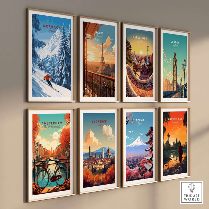 Gallery of vibrant city and ski wall art prints, including Morillon, Paris, Barcelona, and more, showcasing global landmarks.