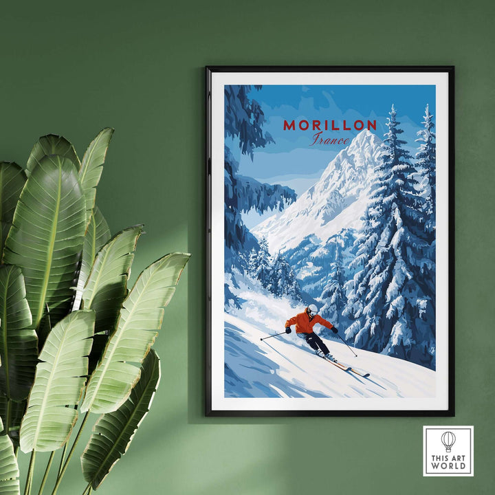 Morillon Ski Wall Art featuring a skier in vibrant colors against a snowy mountain backdrop, perfect for home decor.