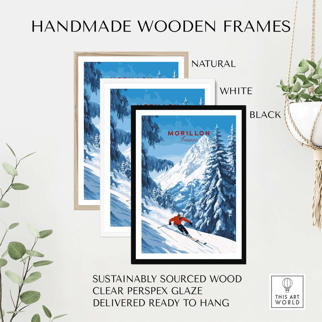 Morillon Ski Wall Art displayed in natural, white, and black handmade wooden frames, showcasing vibrant ski scene from the French Alps.