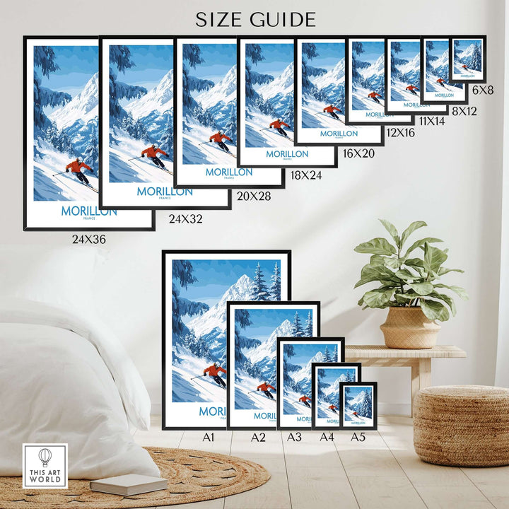 Morillon Ski Wall Art Poster size guide displayed in a home setting with various sizes and vibrant designs.