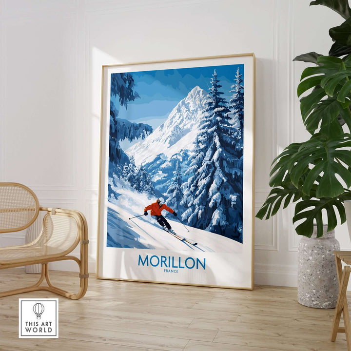 Morillon Ski Wall Art Poster featuring a skier in a snowy mountain landscape, perfect for ski lovers decor.