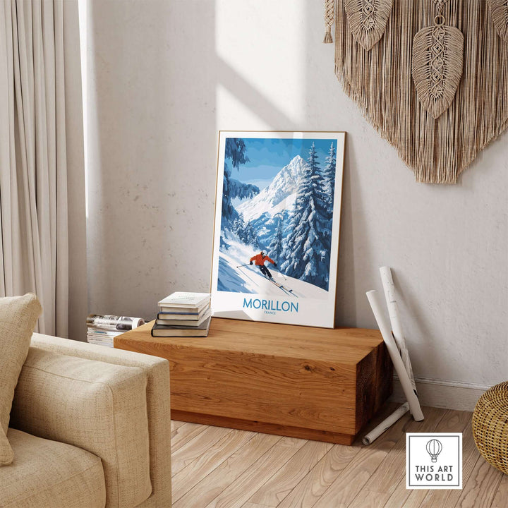 Morillon Ski Wall Art Poster featuring vibrant colors and stunning mountain scene, perfect for ski enthusiasts.