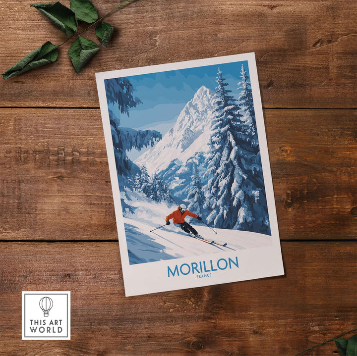 Morillon Ski Wall Art Poster featuring a skier in a snowy mountain landscape, perfect for ski lovers.