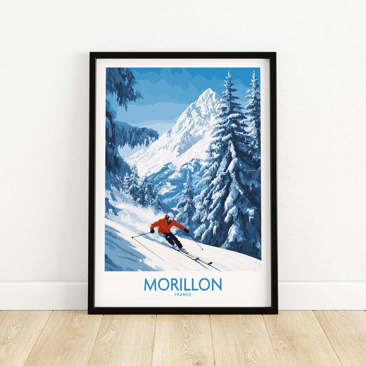 Morillon Ski Wall Art Poster featuring a skier amidst majestic mountains and pine trees.