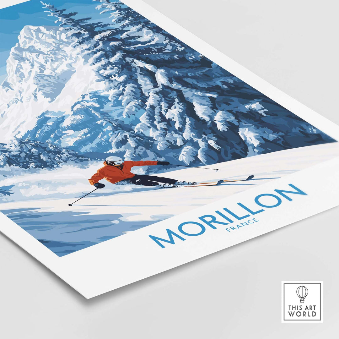 Morillon ski wall art poster featuring a skier on snowy slopes with vibrant colors and stunning mountain backdrop.