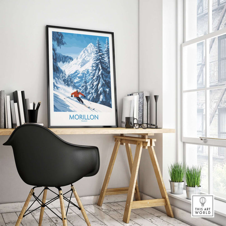 Morillon ski wall art poster displayed in a stylish home office, featuring vibrant colors and stunning mountain scenery.