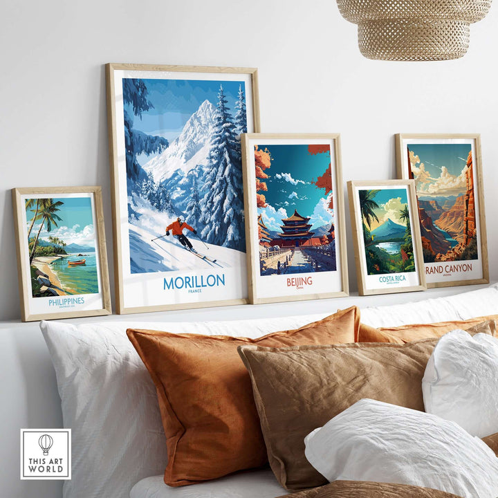 Morillon Ski wall art poster among framed travel posters, showcasing vibrant colors and mountain scenery.