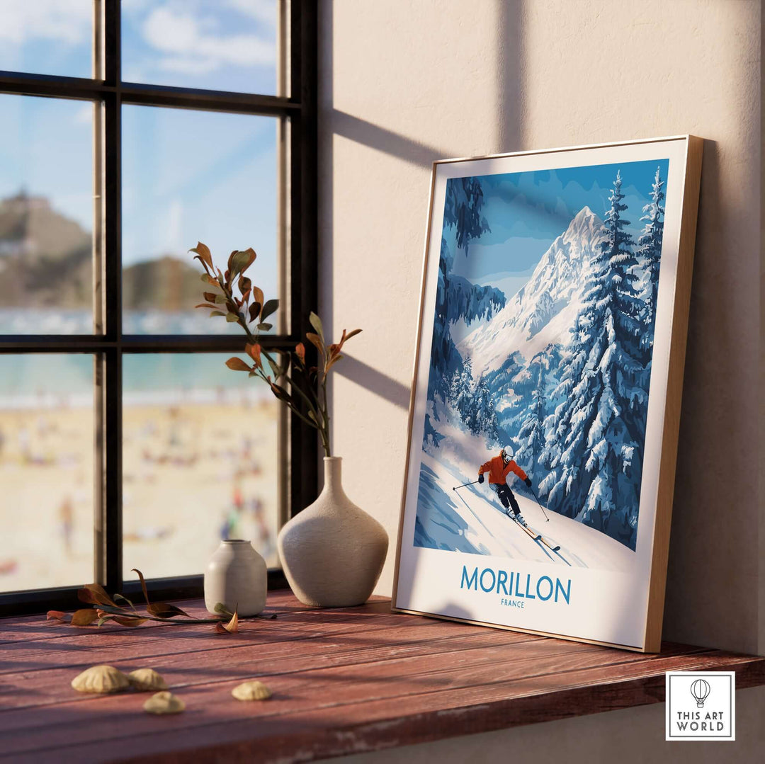 Morillon Ski Wall Art Poster featuring a skier in a snowy landscape, perfect for ski enthusiasts' decor.