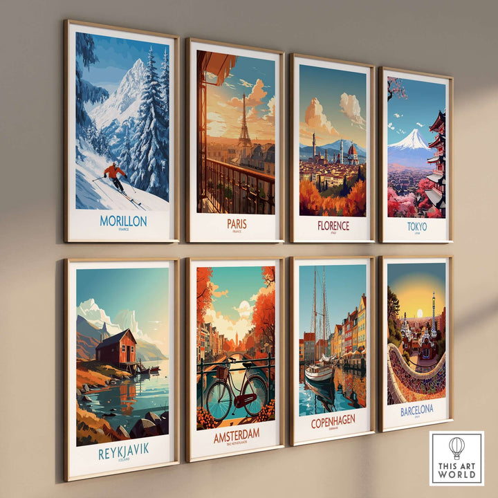 Collection of travel and ski art posters featuring Morillon, Paris, Florence, Tokyo, Reykjavik, Amsterdam, Copenhagen, and Barcelona.