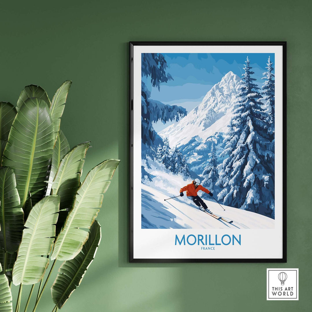 Morillon Ski Wall Art Poster featuring a skier in snowy mountains, vibrant colors perfect for ski lovers.