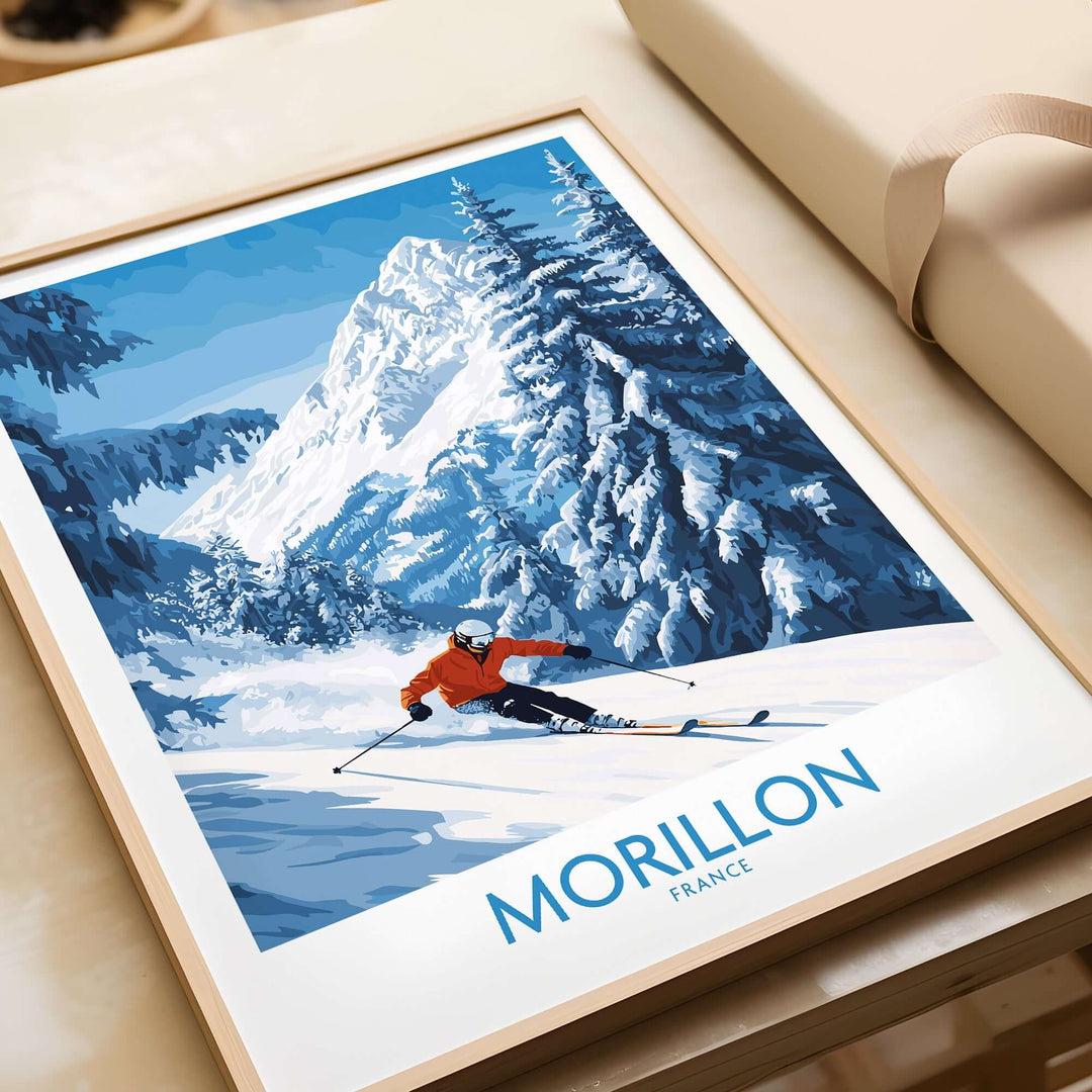 Morillon Ski Wall Art Poster featuring a skier in snowy mountains, perfect for ski enthusiasts.