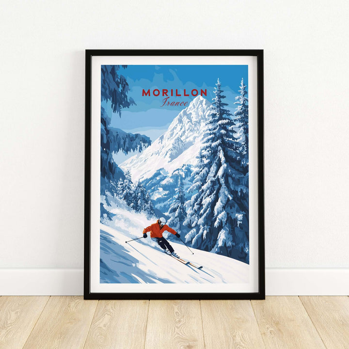 Morillon Ski Wall Art featuring a skier in the French Alps with vibrant colors and stunning details.