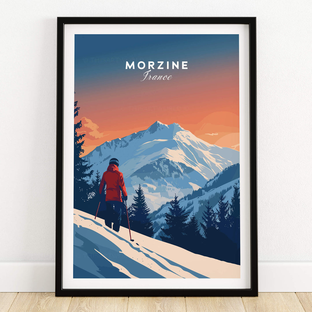 Morzine Travel Poster - France featuring a skier amidst snowy mountains and a vibrant sunset.