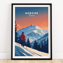 Morzine Travel Poster - France featuring a skier amidst snowy mountains and a vibrant sunset.