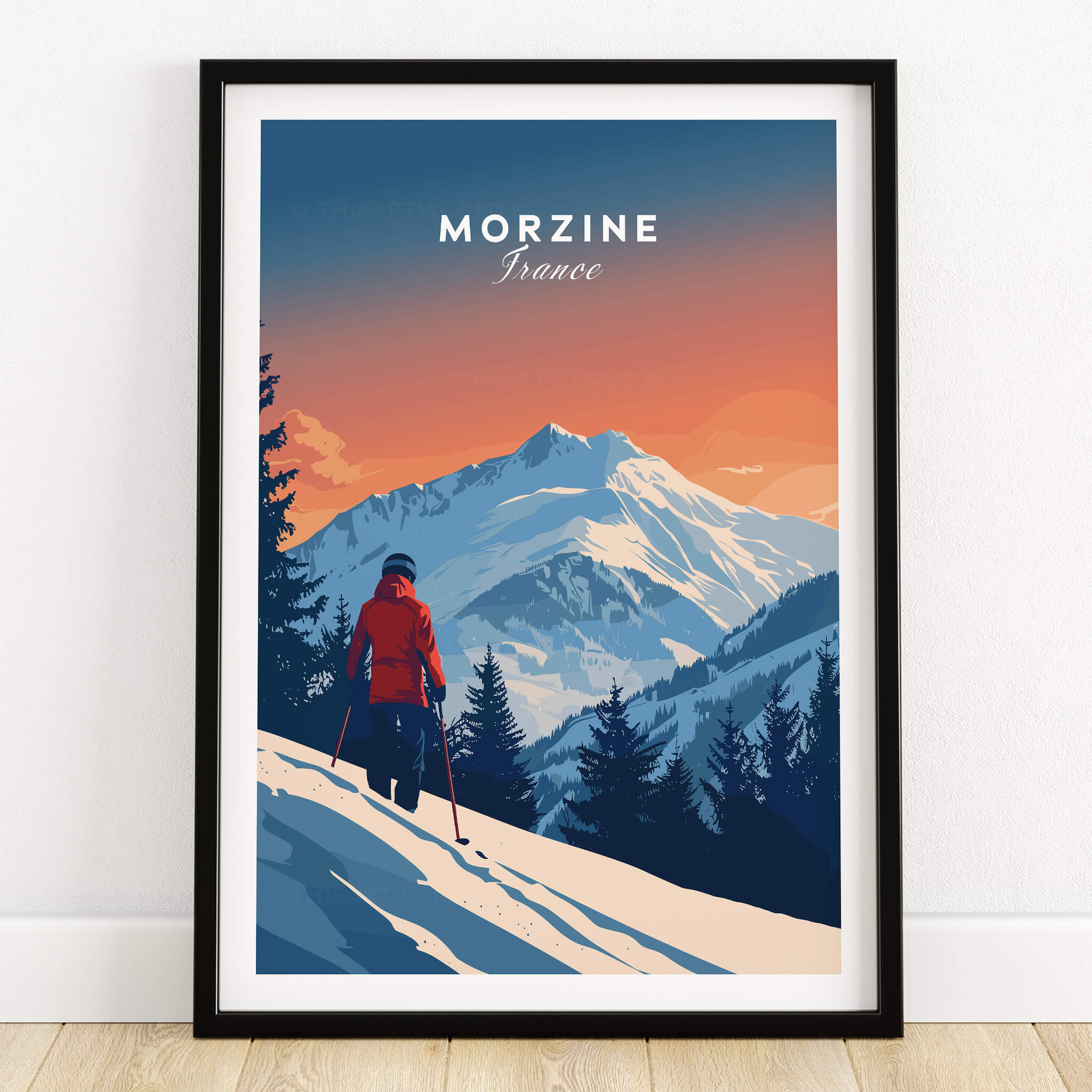 Morzine Travel Poster - France featuring a skier amidst snowy mountains and a vibrant sunset.