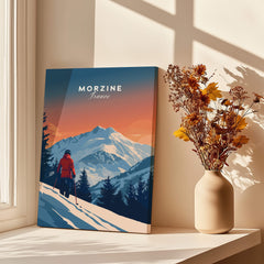 Morzine Travel Poster - France featuring a skier in snowy mountains and beautiful sunset colors.