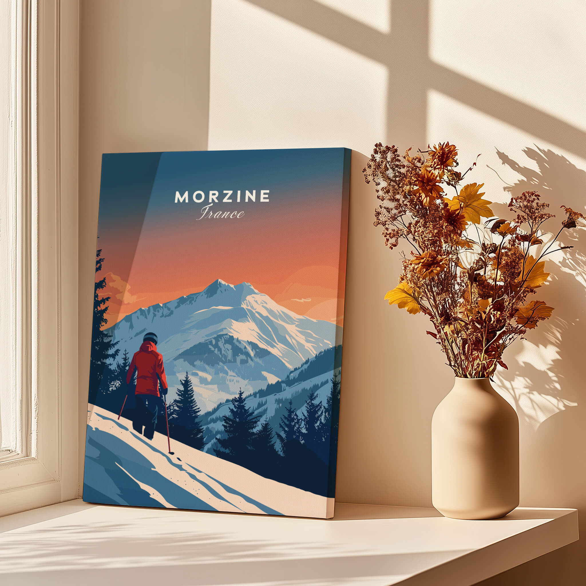 Morzine Travel Poster - France featuring a skier in snowy mountains and beautiful sunset colors.