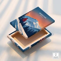 Morzine Travel Poster - France packaging design showing snowy mountains and adventure theme.