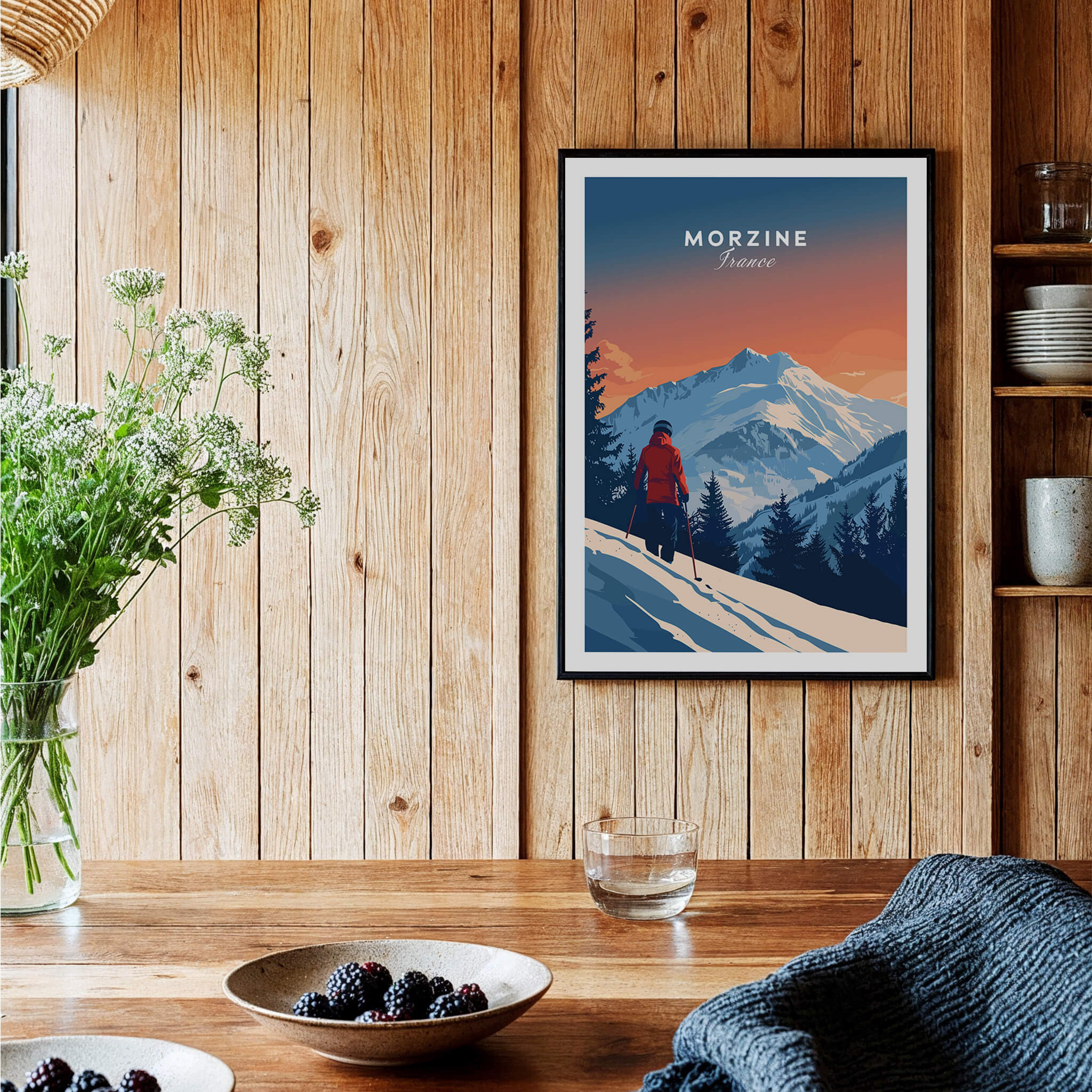 Morzine Travel Poster - France depicting a skier in snowy mountains, perfect ski wall art for adventurers and art lovers.