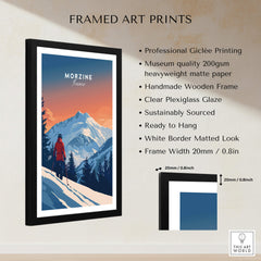Morzine Travel Poster - France framed art print with snowy mountains and skier.