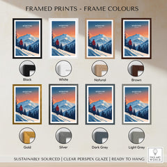 Morzine Travel Poster - France framed in various colors including black, white, natural, brown, gold, silver, dark grey, light grey.