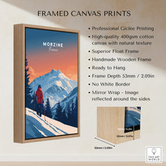 Morzine Travel Poster - France framed canvas print showcasing snowy mountains and a skier in a vibrant, colorful artwork.