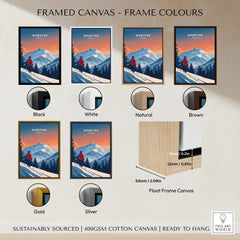 Morzine Travel Poster - France framed canvas options in various colors including black, white, natural, brown, gold, and silver.