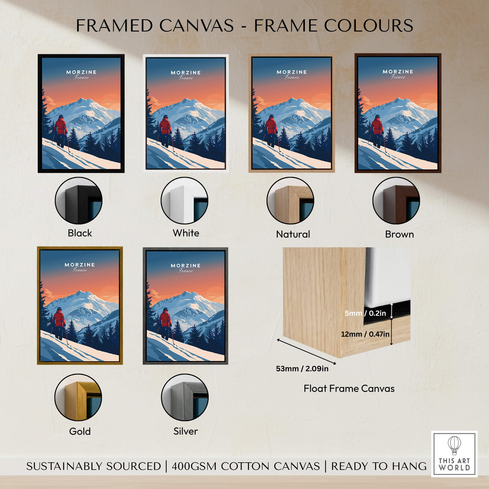 Morzine Travel Poster - France framed canvas options in various colors including black, white, natural, brown, gold, and silver.