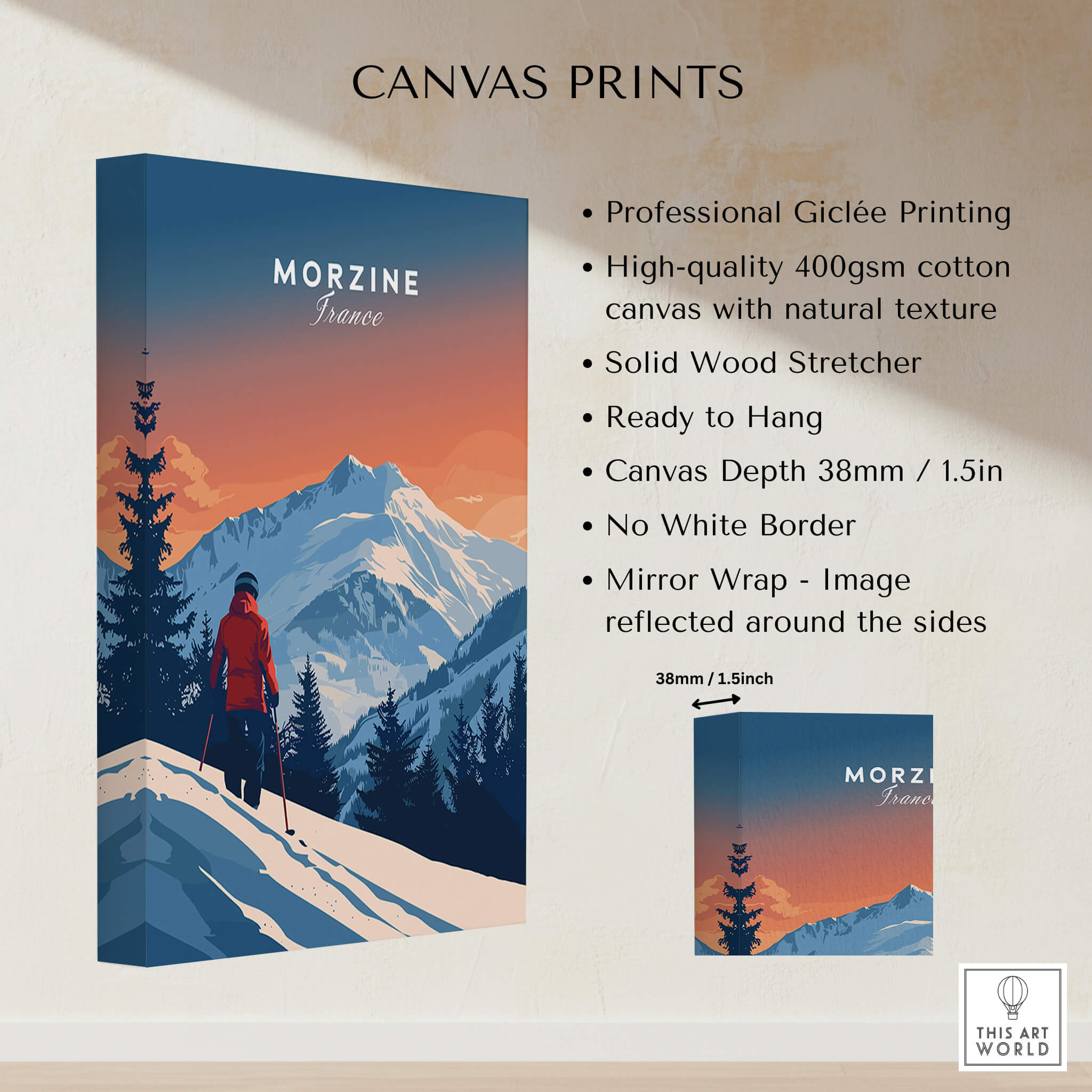 Morzine Travel Poster - France showcased as canvas prints highlighting snowy mountains and a ski adventurer.