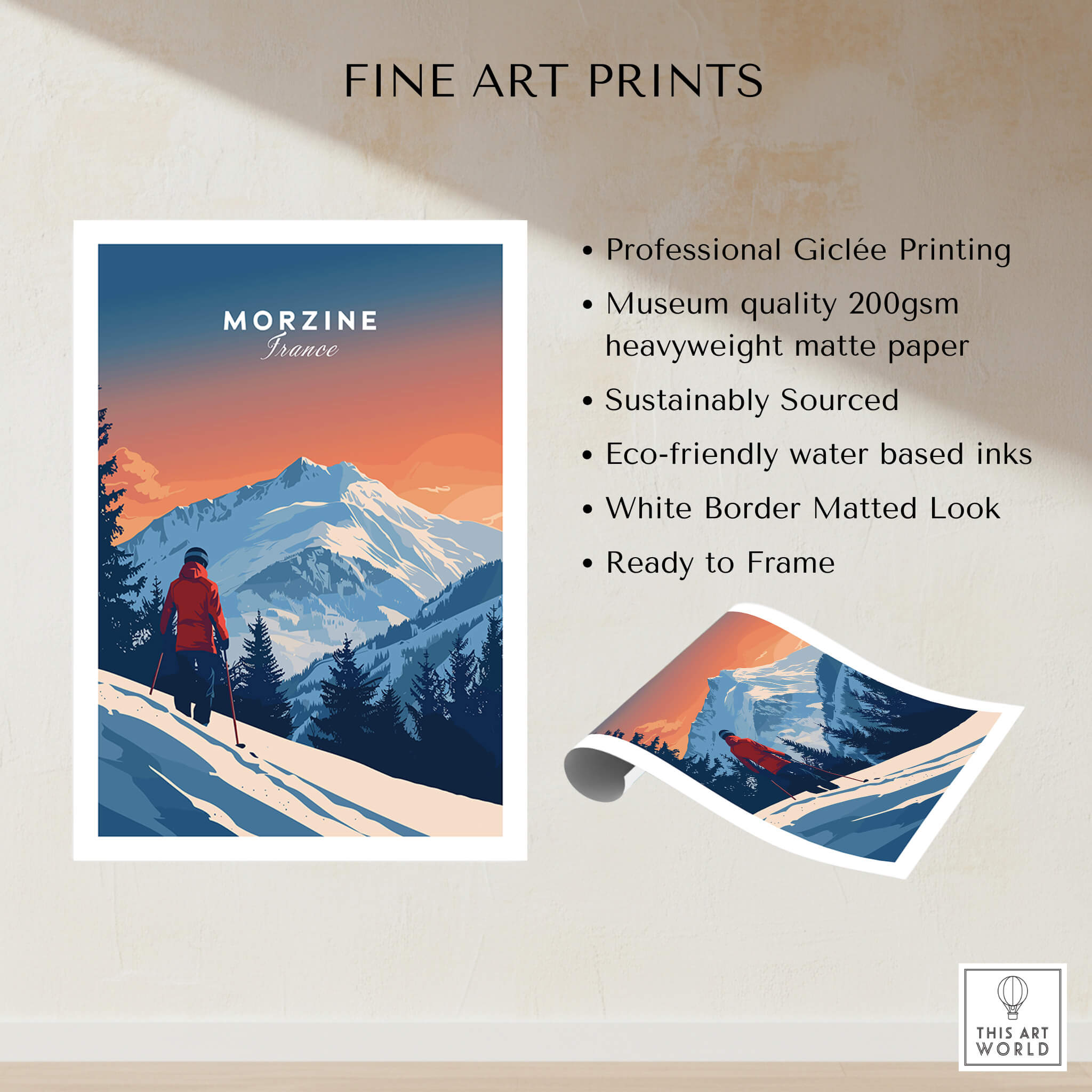 Morzine Travel Poster - France showcasing stunning mountain artwork and skiing adventure