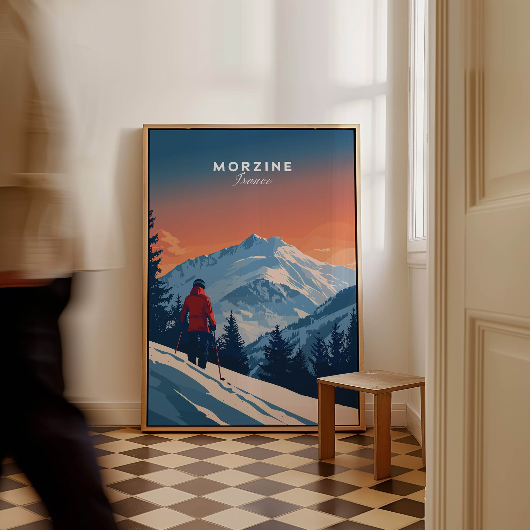 Morzine Travel Poster - France showcasing a skier against a breathtaking mountain backdrop.
