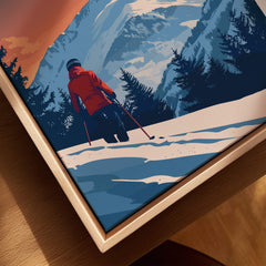 Morzine Travel Poster - France featuring a skier in a snowy landscape with mountains and trees.