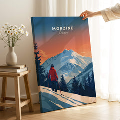 Morzine Travel Poster - France showcasing a skier in stunning snowy mountains with vibrant sunset colors.