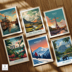 Morzine Travel Poster - France displayed among other vibrant travel posters in a stylish arrangement.