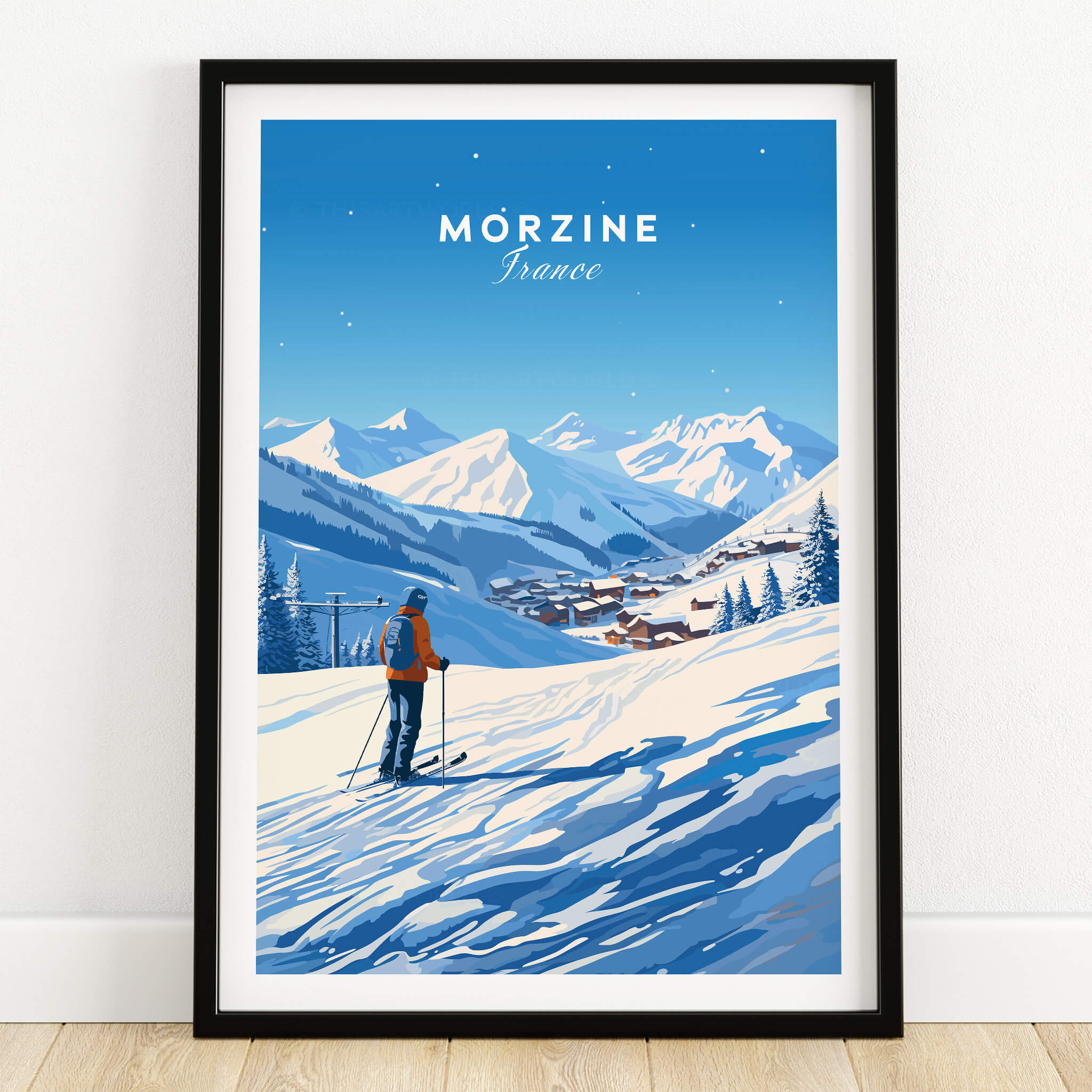 Morzine Ski Poster showcasing a skier on snowy slopes with mountains under clear blue sky, perfect wall art for ski lovers.