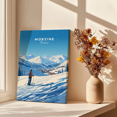 Morzine Ski Poster featuring a skier on snowy slopes with mountains in the background, ideal for ski lovers.