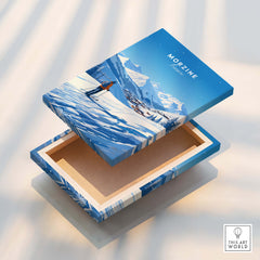 Morzine Ski Poster showcasing a winter landscape on a decorative box, perfect for ski lovers.