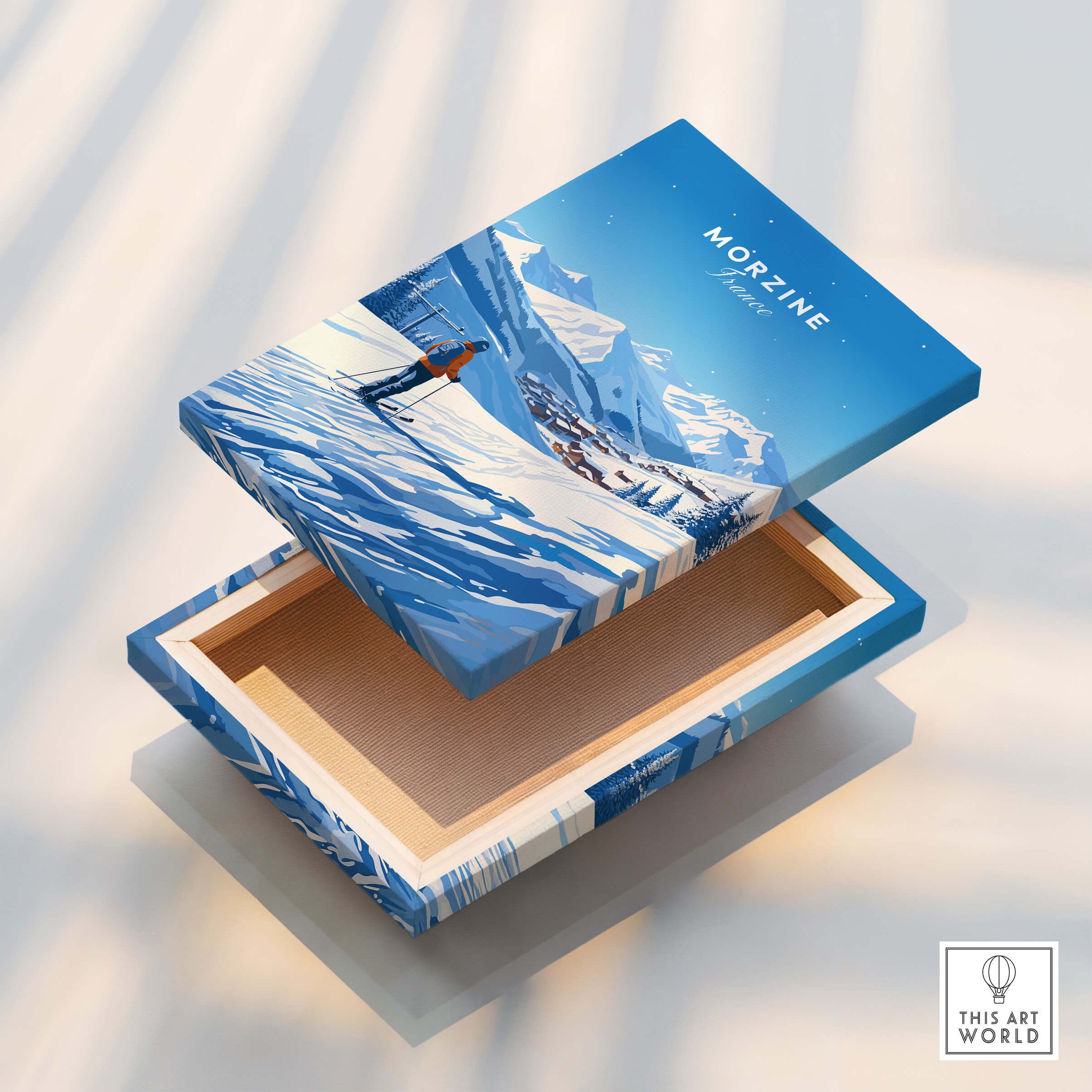 Morzine Ski Poster showcasing a winter landscape on a decorative box, perfect for ski lovers.