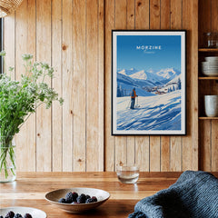 Morzine Ski Poster showcasing a skier on snowy slopes with mountains in the background, perfect wall art for ski lovers.