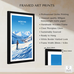 Morzine Ski Poster framed art print showcasing snowy mountains and a skier, perfect for ski lovers.