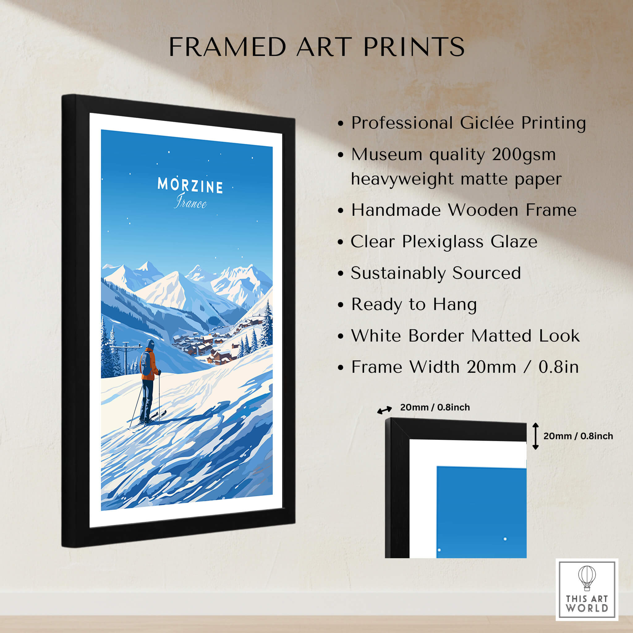 Morzine Ski Poster framed art print showcasing snowy mountains and a skier, perfect for ski lovers.