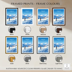 Selection of Morzine Ski Poster framed prints in various colors including black, white, natural, brown, gold, silver, dark grey, and light grey.
