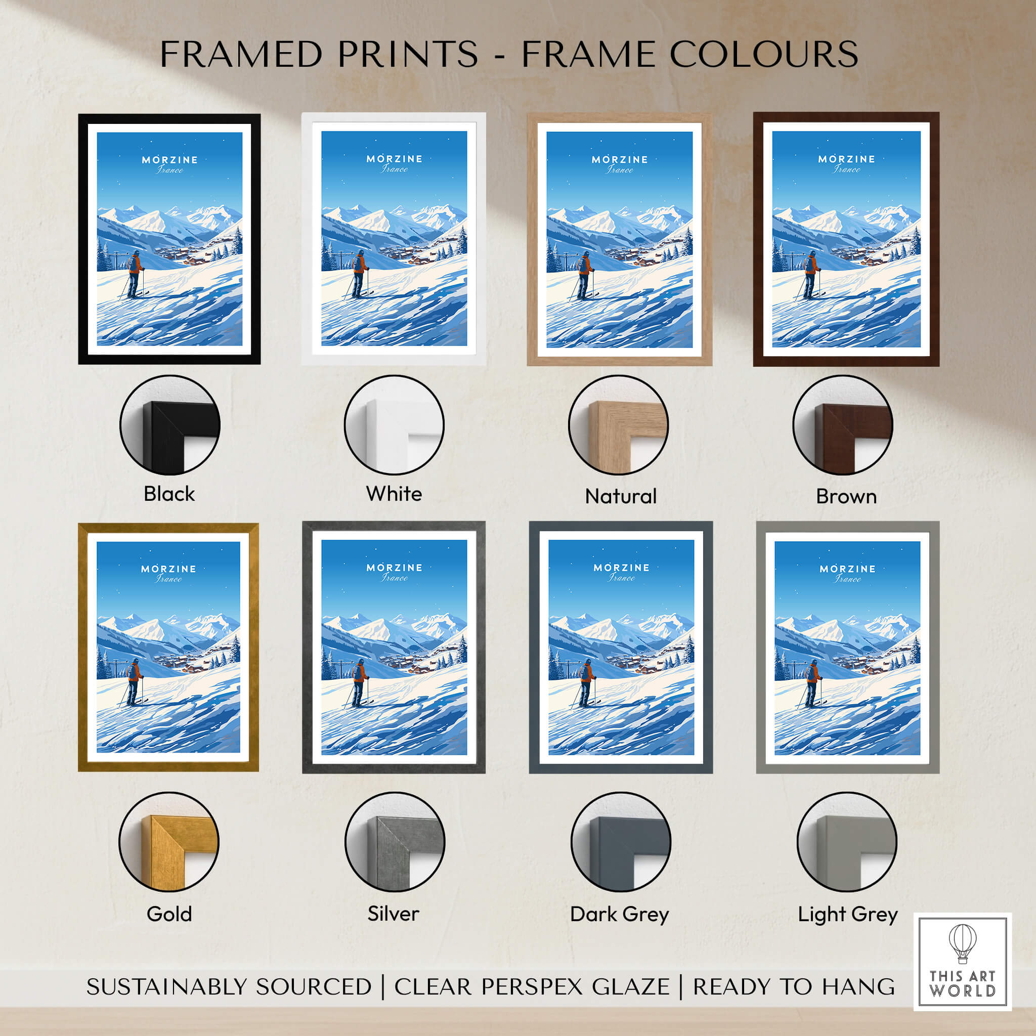 Selection of Morzine Ski Poster framed prints in various colors including black, white, natural, brown, gold, silver, dark grey, and light grey.