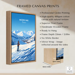 Morzine Ski Poster featuring beautiful ski slopes in a framed canvas print, showcasing professional Giclée printing.