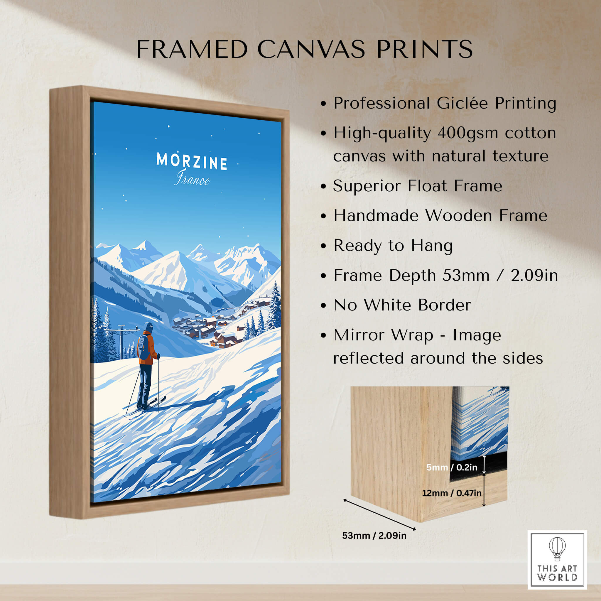 Morzine Ski Poster featuring beautiful ski slopes in a framed canvas print, showcasing professional Giclée printing.