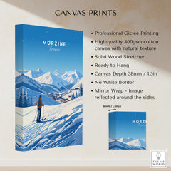 Morzine Ski Poster displayed on a wall, showcasing its professional printing and stunning mountain design.