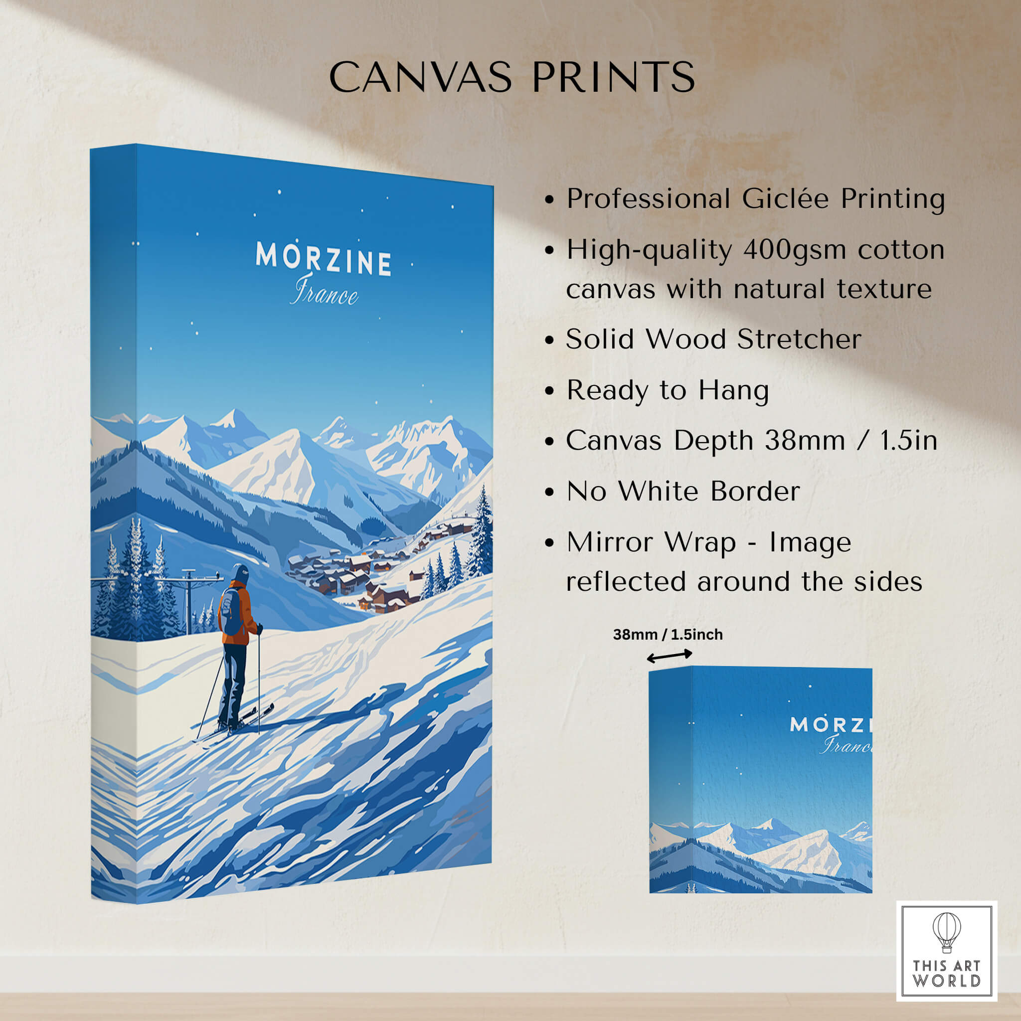 Morzine Ski Poster displayed on a wall, showcasing its professional printing and stunning mountain design.