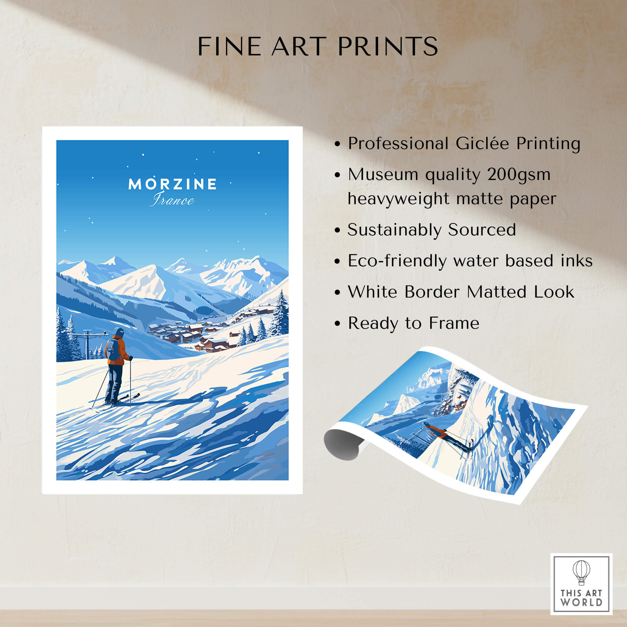 Morzine Ski Poster showcasing beautiful ski slopes and mountains in Morzine, France, perfect wall art for ski lovers.