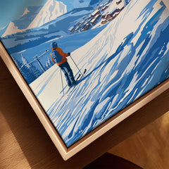 Morzine Ski Poster featuring a skier on snowy slopes in Morzine, showcasing beautiful mountain scenery.